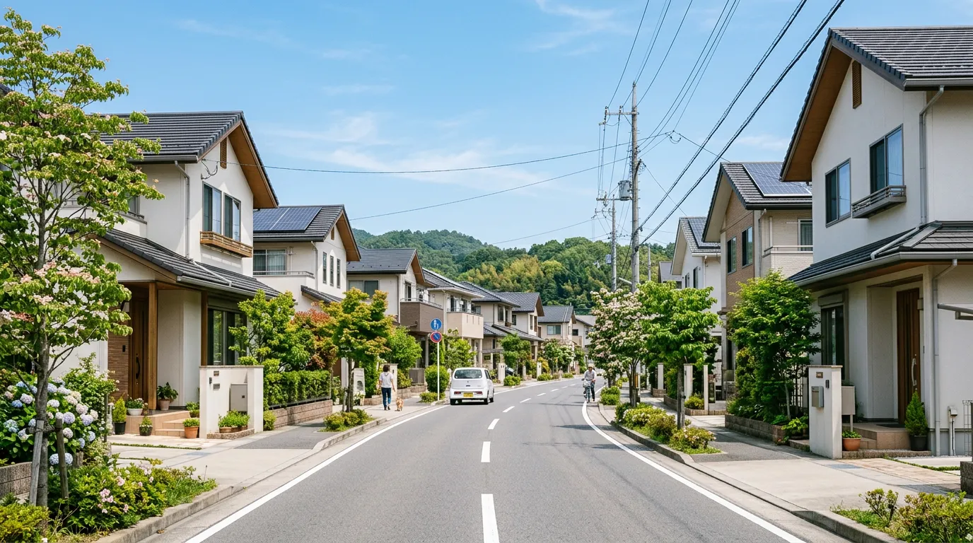 太陽光パネルが設置された現代的な戸建て住宅が立ち並ぶ、緑豊かで整備された住宅街の通り。