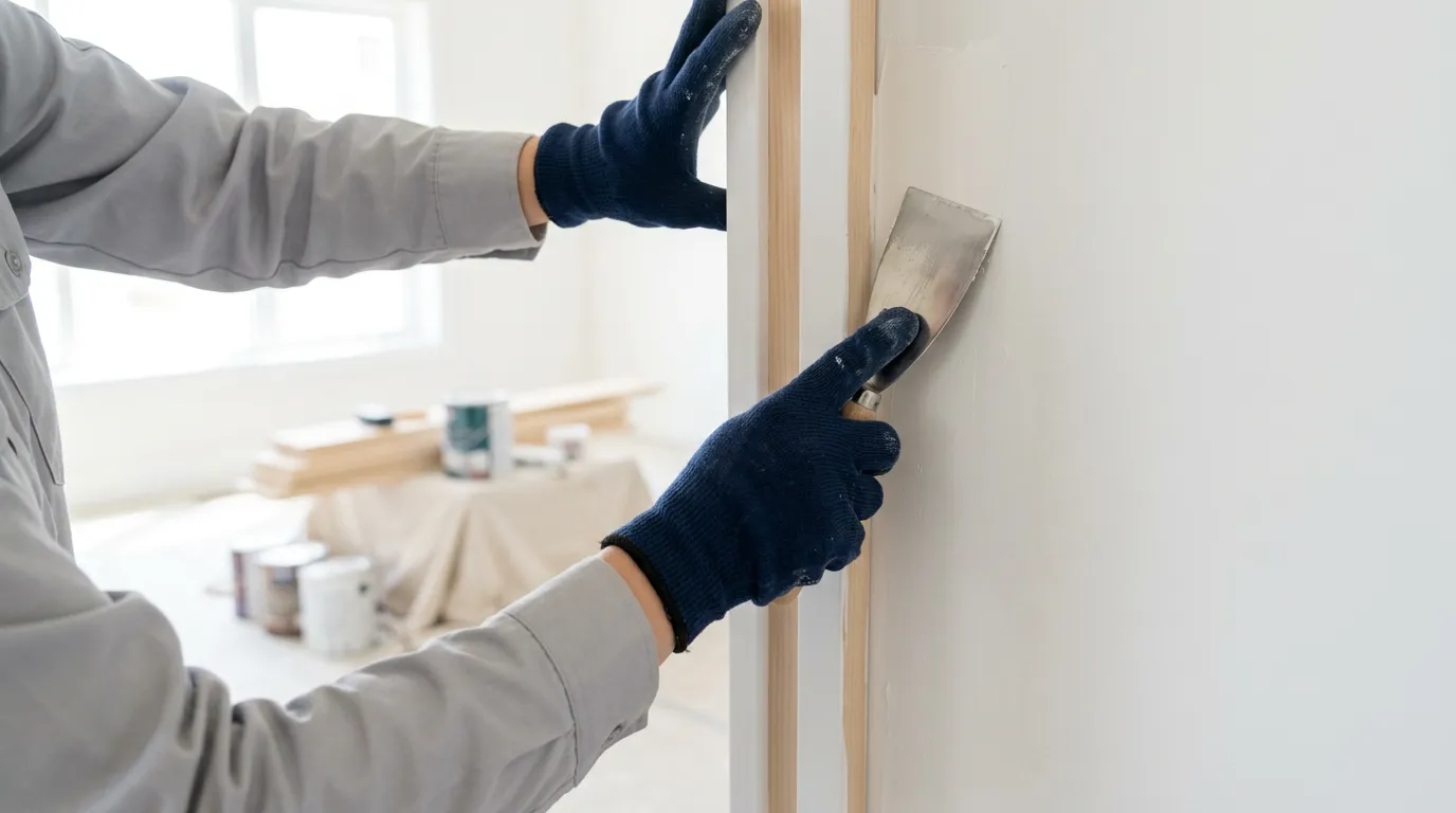 手袋をした作業員が、ヘラを使って壁や枠の隙間を埋めるパテ塗り作業をしている手元の様子。