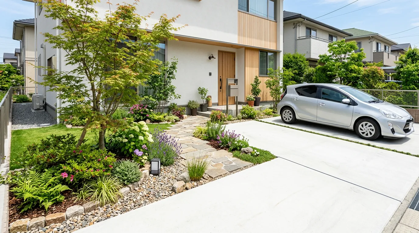 駐車スペースと自然石のアプローチが自然に馴染む、花と緑に囲まれた住宅の外観。