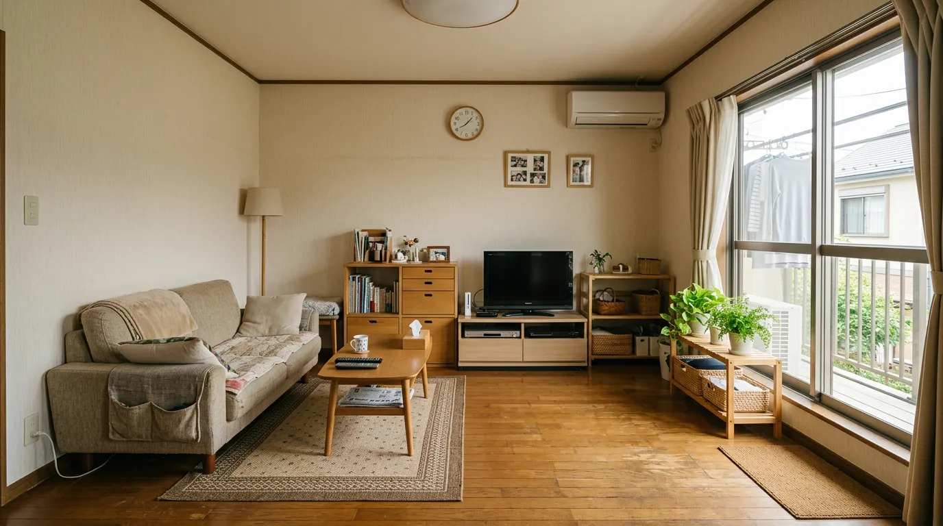 古い日本の住宅のリビング。ソファ、テレビ、窓の外の生活感。
